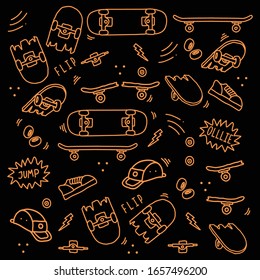 Hand drawn skateboarding elements seamless pattern. skateboard background. Skateboarding doodle illustration. Vector illustration. Seamless pattern with skateboard, hat, equipment etc.