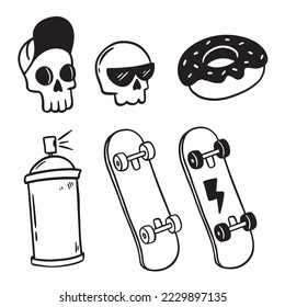 Hand drawn skateboarding elements. Skate doodle illustration.