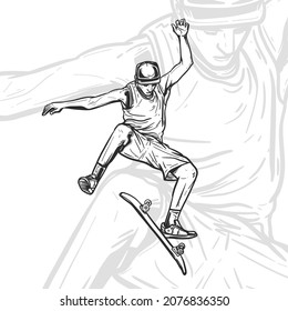 Hand Drawn Skateboarding Jump. line art vector style