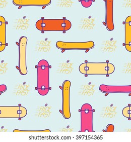 Hand drawn skateboarding pattern with "Ride fast" lettering