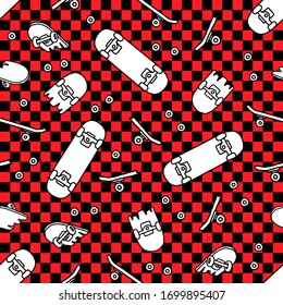 Patinaje a mano sin fisuras. fondo de patineta. Ilustración del doodle Skateboarding. Ilustración vectorial.