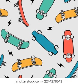 Patrón sin fisuras de patinaje dibujado a mano. Textura del fondo del patín. Ilustración del doodle Skateboarding. Patrón de repetición sin fisuras del vector.