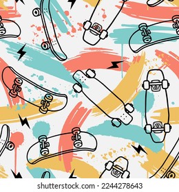 Hand drawn skateboarding seamless pattern. Skate background texture. Skateboarding doodle illustration. Vector seamless repeat pattern.