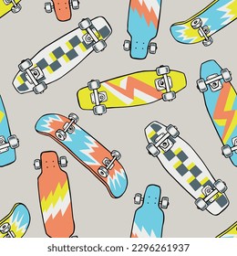 Hand drawn skateboarding seamless pattern. Skate background texture. Skateboarding doodle illustration. Vector seamless repeat pattern.