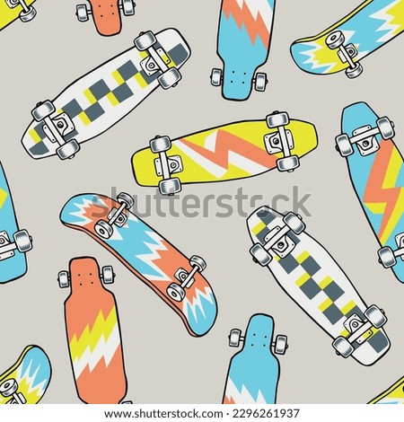 Hand drawn skateboarding seamless pattern. Skate background texture. Skateboarding doodle illustration. Vector seamless repeat pattern.