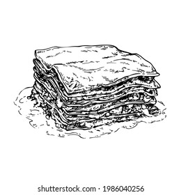 Hand drawn skecth Lasagna. Ink illustration of traditional italian food. Piece of lasagna 