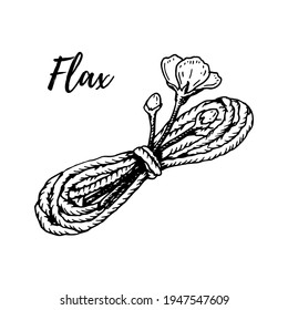 Mano dibujada de hilo de lino con flor de lino aislada en blanco. Ilustración vectorial en el estilo de esbozo