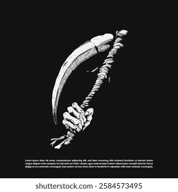 Hand drawn skeletal hand gripping a scythe. large curved blade that appears weathered and slightly chipped vector