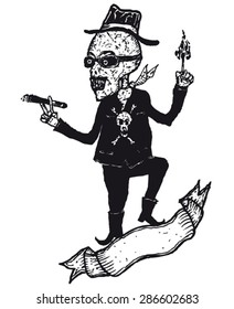 Hand drawn skeleton cartoon character/
Illustration of a hand drawn skeleton cartoon character lighting a cigar and blank banner