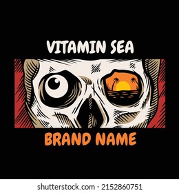 hand drawn skeleton face with sunset from the eye