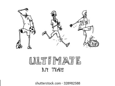 Hand drawn skeleton football team on white background. Vector illustration.