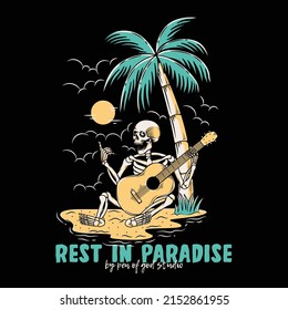 hand drawn skeleton with guitar at the island