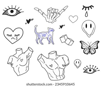 hand drawn skeleton 
hand,butterfly,hearts ,eyes,man and woman body.Ideas for tattoo, print, and other creative uses