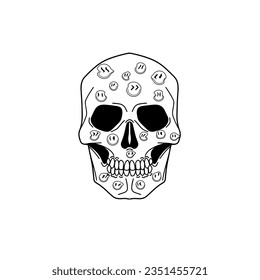 Hand Drawn Skeleton Head. Skull Vector Stylized Illustration.Skull with Emojis ,Smile,Faces