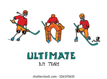 Hand drawn skeleton hockey team on white background. Vector illustration.