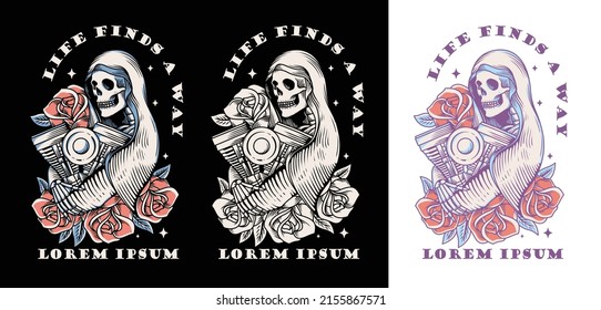 hand drawn skeleton holding motorcycle engine with some roses