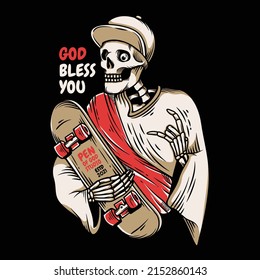 hand drawn skeleton holding a skateboard