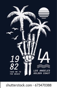 Hand drawn skeleton hand illustration with palm trees for t-shirt and other uses.