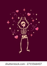 Esqueleto dibujado a mano haciendo forma de corazón con las manos, rodeado de corazones y estrellas sobre fondo oscuro. Divertida y espeluznante Ilustración vectorial de San Valentín o Halloween para el diseño de tarjetas de felicitación.