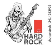 Hand Drawn Of Skeleton Musician Rocker Playing Guitar Images, Illustration, Poster, 
Postcard, Vector , Tshirt, ceramic. 