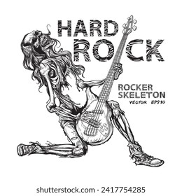 Hand Drawn Of Skeleton Musician Rocker Playing Guitar Images, Illustration, Poster, 
Postcard, Vector , Tshirt, ceramic. 