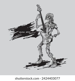 Hand Drawn Of Skeleton Musician Rocker Playing Bass Guitar Image, Illustration, Poster, Postcard, Vector , Tshirt, ceramic. 