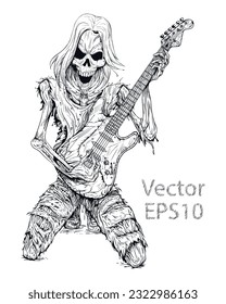 Handgezeichnet von Skeleton Rocker Gitarrenbilder spielen, Illustration, Poster, Postkarte, Vektorgrafik, T-Shirt, Keramik.  