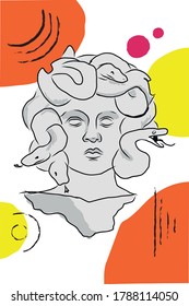 Hand drawn sketch about greek statue portrait with snake in her hair . Vector Illustration with abstract shapes, and yellow, orange, pink color