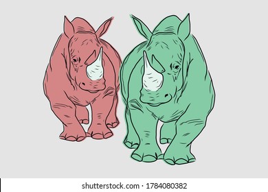 Hand drawn sketch about rhinoceros. Vector Illustration with mint, pink colors