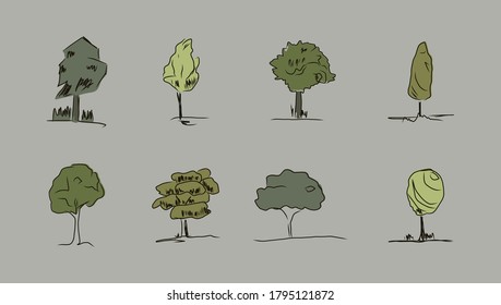 Hand drawn sketch about trees. Vector Illustration with colors