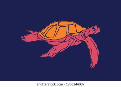 Hand drawn sketch about turtle. Vector Illustration deep purple, orange, pink colors