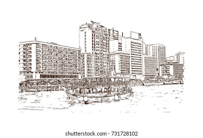 Hand drawn sketch of Abra crick Dubai in vector illustration.