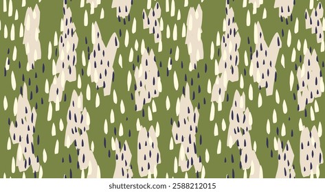 Hand drawn sketch abstract organic shapes seamless pattern. Unique spotted print. Vector green background. Contemporary minimalist ornament