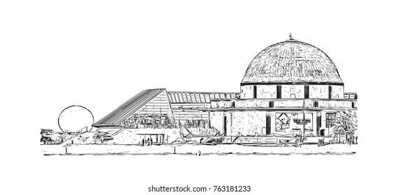 Hand drawn sketch of Adler Planetarium Chicago, big city, architecture, engraving in vector illustration.