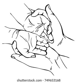Hand drawn Sketch. Adult hands holding kid hands. kid's handful 