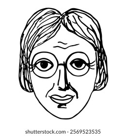 Hand drawn sketch of an adult woman with wrinkles on an isolated background. Vector illustration portrait of abstract pensioner person with glasses. Emotions and Lifestyle, calm face, character