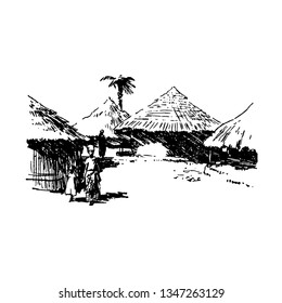 Hand drawn sketch of African village house black on white background