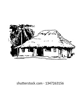 Hand drawn sketch of African village house black on white background