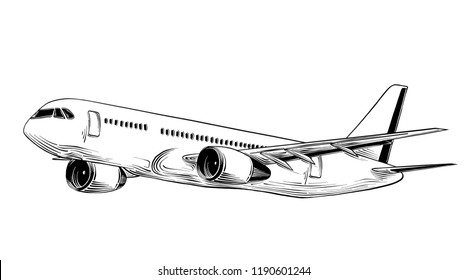 Hand drawn sketch of aircraft in black isolated on white background. Detailed vintage style drawing. Illustration for posters and print