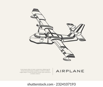 Hand drawn sketch of aircraft in black isolated on white background. Detailed vintage style drawing. 
 airplane Illustration for posters and print