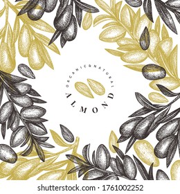 Hand drawn sketch almond design template. Organic food vector illustration. Retro nut illustration. Engraved style botanical background.