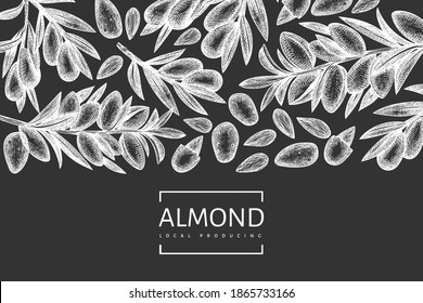 Hand drawn sketch almond design template. Organic food vector illustration on chalk board. Vintage nut illustration. Engraved style botanical background.