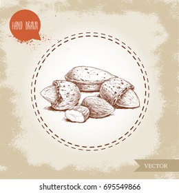 Hand drawn sketch almond nuts. Peeled nuts and nut in nutshell. Group organic superfood isolated on old looking background. Vector illustration.