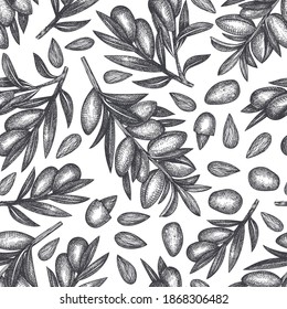 Dibujo a mano de almendra patrón sin fisuras. Ilustración vectorial de alimentos orgánicos sobre fondo blanco. Ilustración de tuerca de vintage. Fondo botánico de estilo grabado.