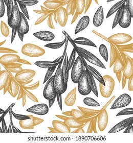 Hand drawn sketch almond seamless pattern. Organic food vector illustration on white background. Vintage nut illustration. Engraved style botanical background.