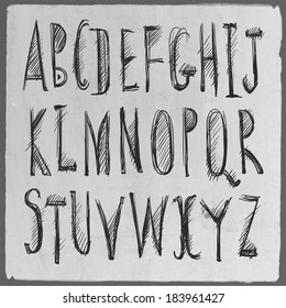 Hand drawn sketch alphabet. Handwritten font. Isolated in white background. Vector illustration.