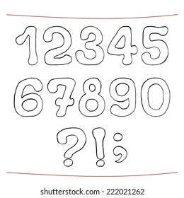 Hand drawn sketch alphabet. Handwritten font. Isolated in white background. Numerals, punctuation marks, set. Vector illustration. 