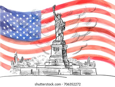 Hand drawn sketch of the American symbol statue of Liberty. Watercolor vector flag of USA. Created with custom brushes, not auto-tracing.