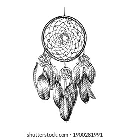 Hand drawn sketch of Amulet of the Dream catcher on a white background. Dream catcher amulet. Spider. amulet for good dreams 
