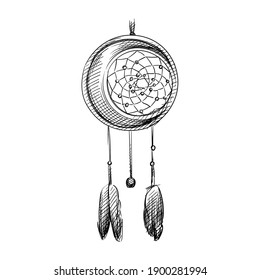 Hand drawn sketch of Amulet of the Dream catcher on a white background. Dream catcher amulet. Spider. amulet for good dreams 